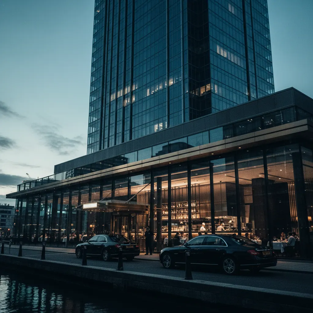 Canary Wharf restaurant frontage at evening