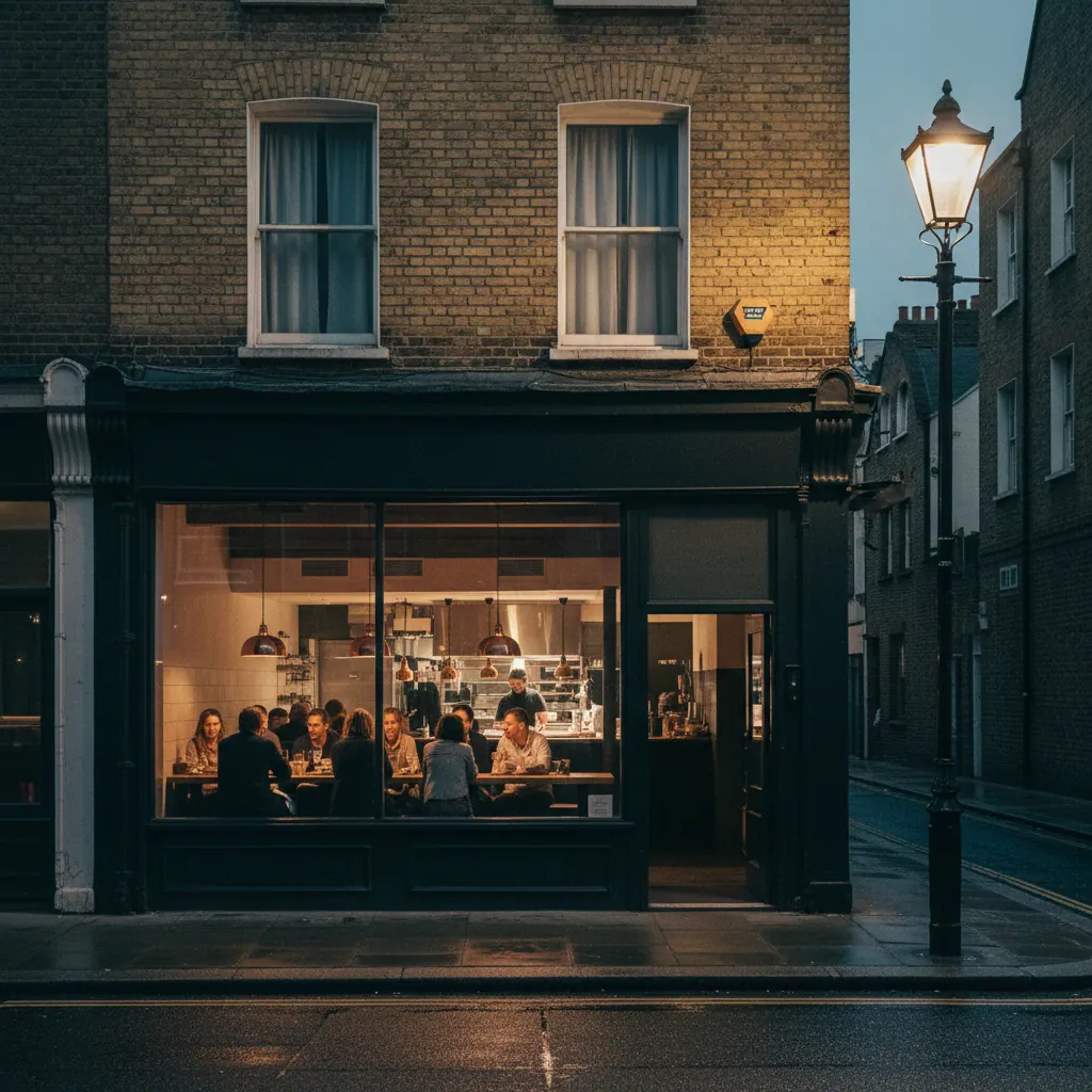 Tower Hamlets restaurant frontage at evening