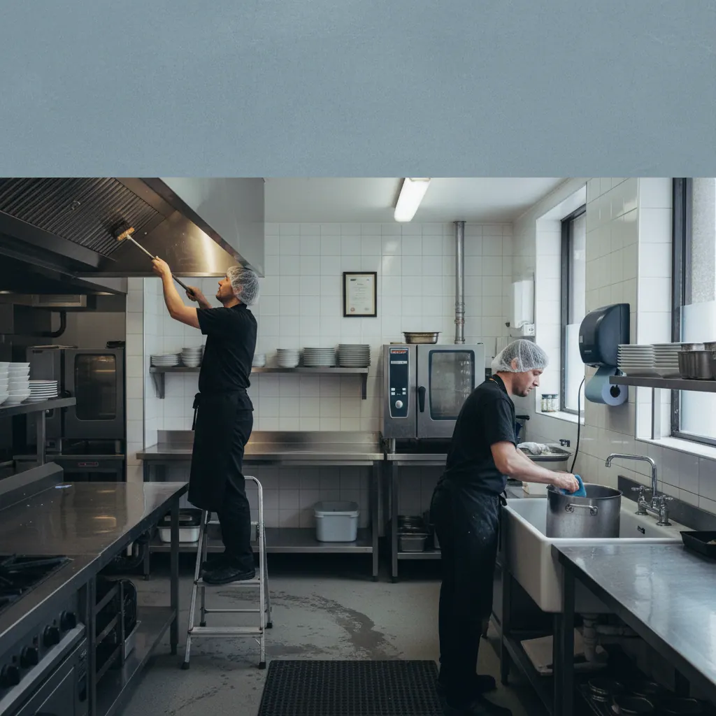 Kitchen porter at sink and extract technician on stepladder